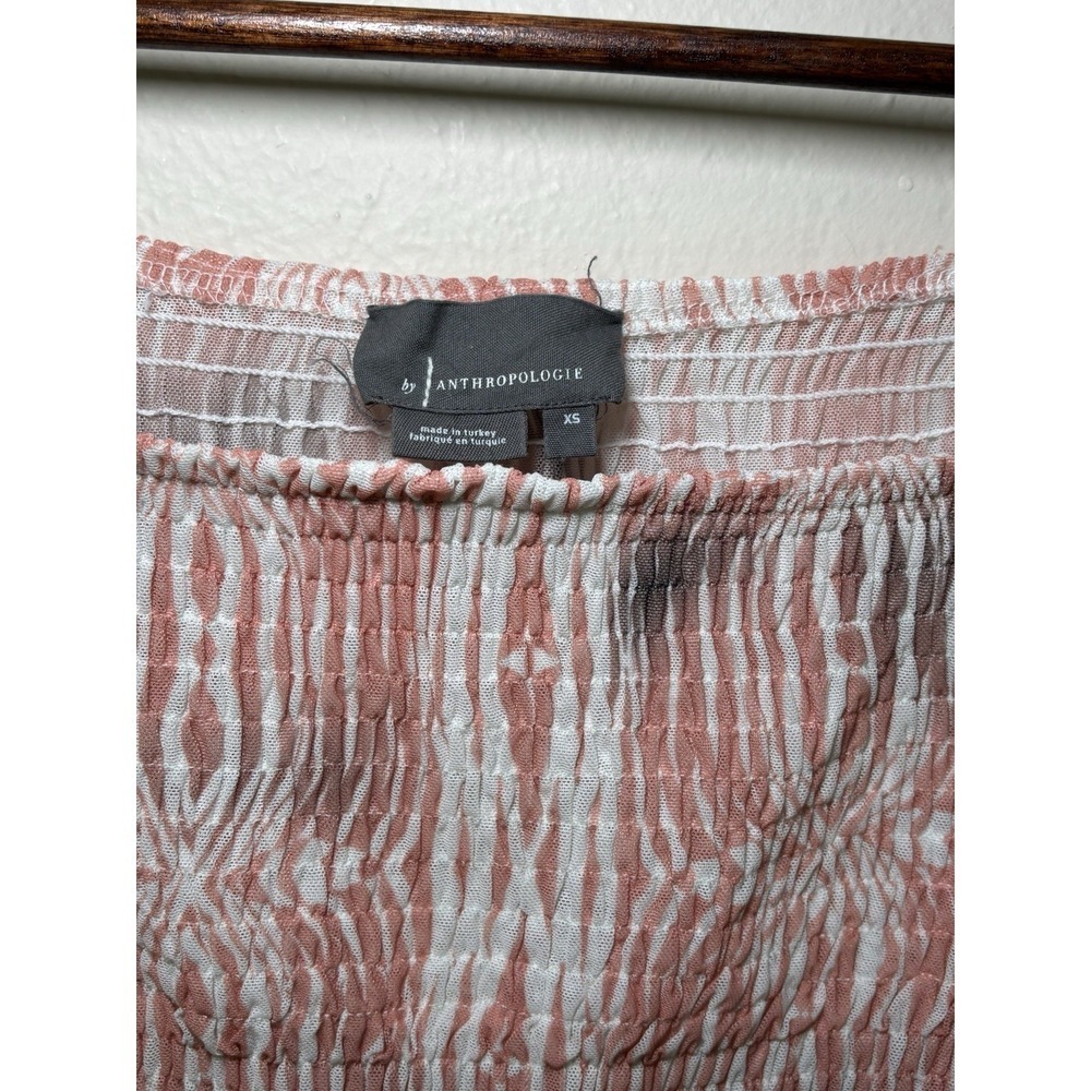 Anthropologie Pink/ White Smocked Crop Top XS Boho Peasant Puff Sleeve Blouse - Picture 3 of 8